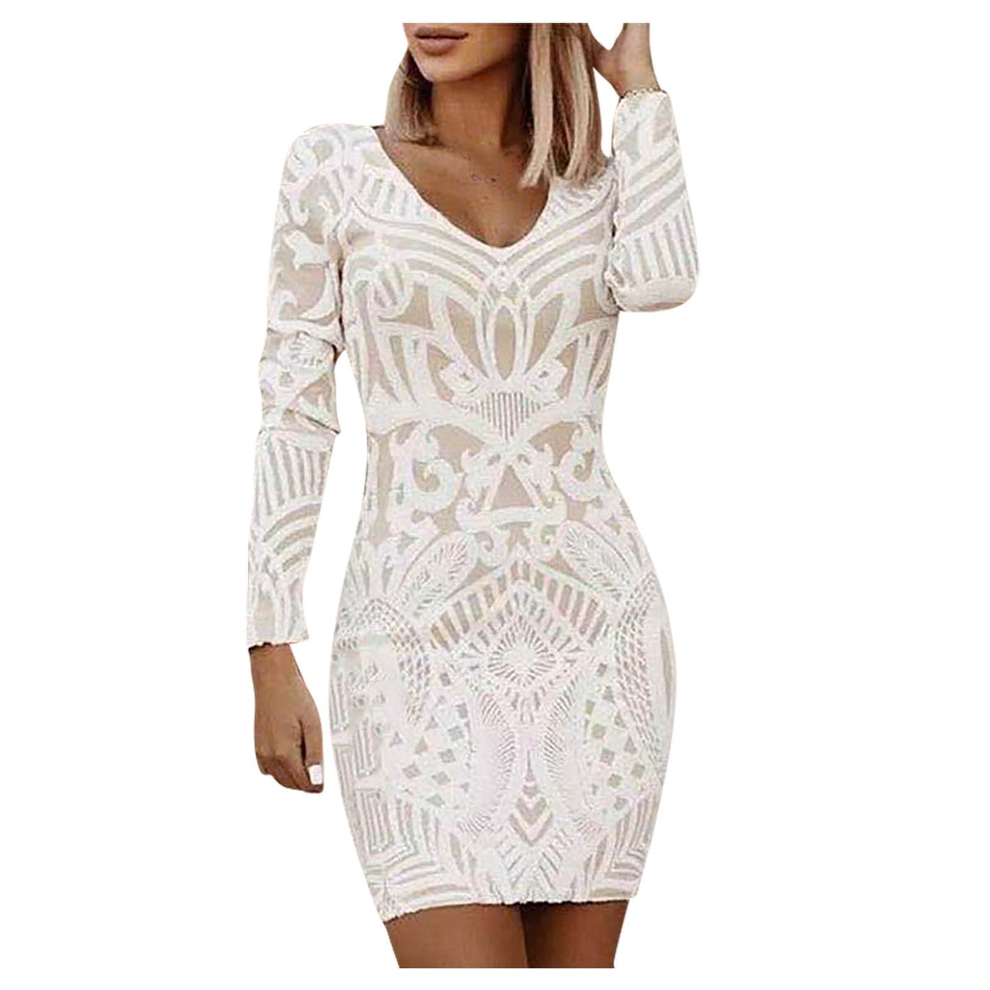 Party Sheath White Dress Women's Spring Slim Long Sleeve Embroidered