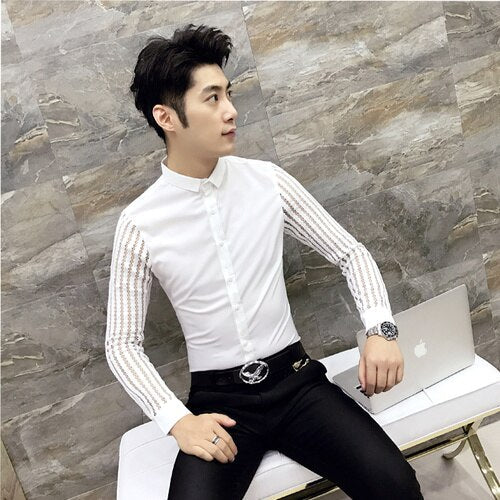 New Mens Black White Lace follow Patchwork Shirt Long Sleeve Luxury Party image 0