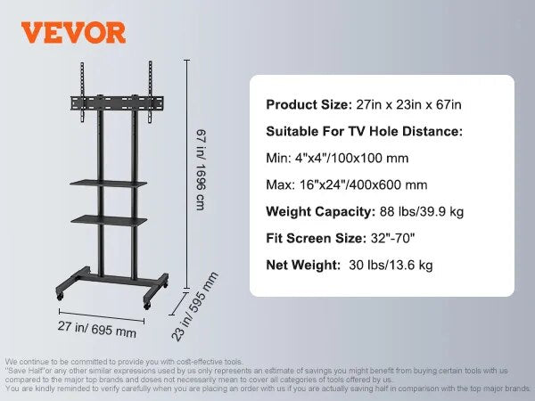 VEVOR Mobile TV Stand Height Adjustable TV Stand with Wheels Double Tray for Au