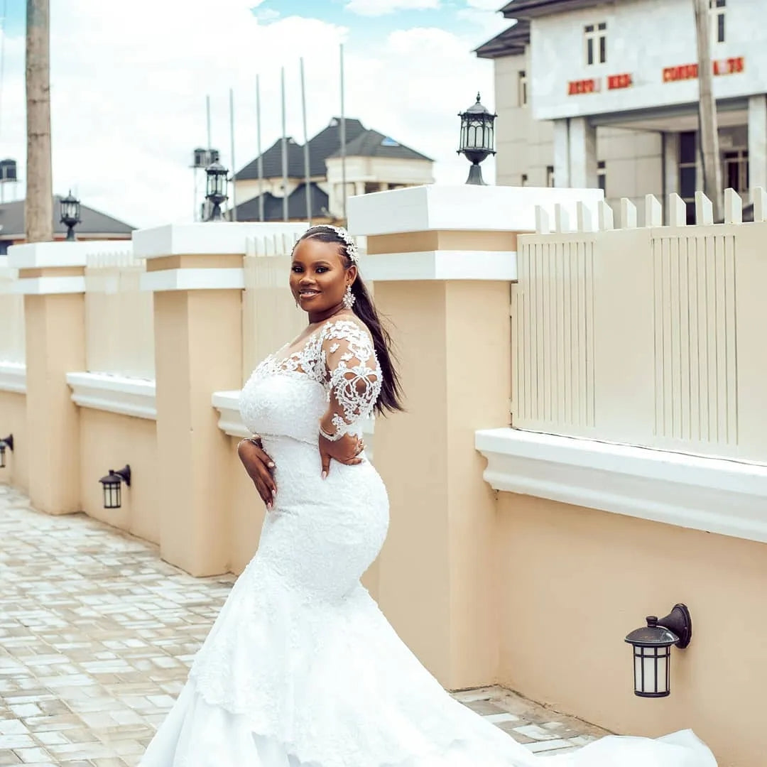 Plus Size African Wedding Dresses Mermaid Long Sleeves Appliques Beaded Women B