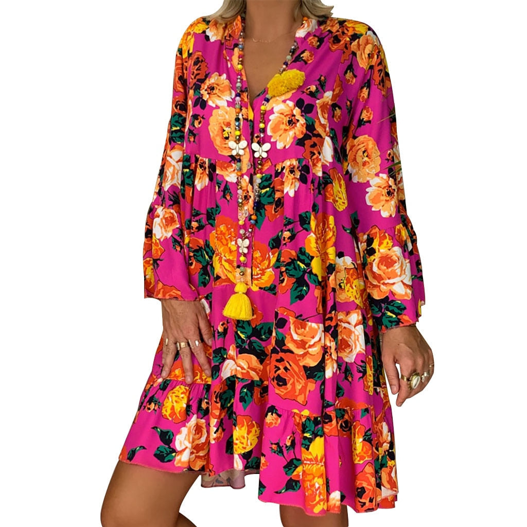Women Plus Size Button Midi Dress Lady Bohemian Loose Print Three Quarter Sle