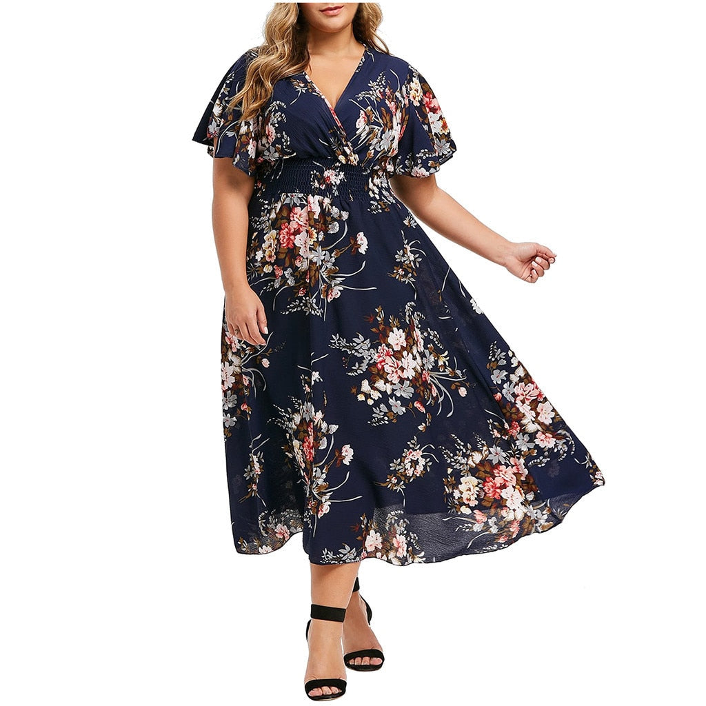 Plus Size Fashion 3xl 4xl 5xl Women Dress Floral Chiffon Flower Dress Bohemian