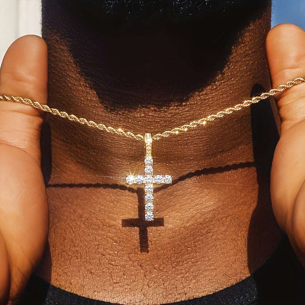 14K Gold Plated Hip Hop Cross Pendant Necklace for Women's Male Iced Out Twisted