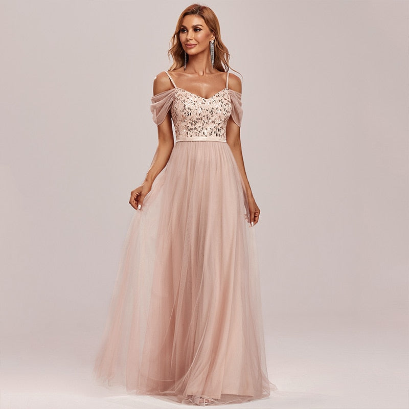 Ever-Pretty Cold Shoulder Sequin Bodice Long Tulle Bridesmaid Dress image 0