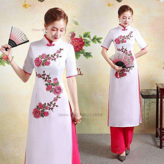 2024 traditional qipao dress cheongsam aodai vietnam aodai dress+pants set vint