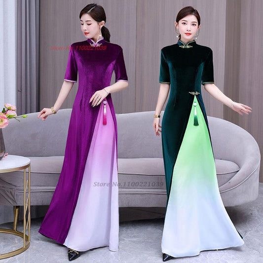 2024 aodai traditional vietnam velvet cheongsam dress gradient color vintage qi