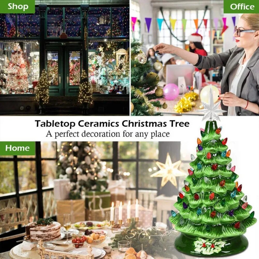 New 15 Inch Large Ceramic Christmas Tree Plug in Tabletop Artificial Green Chri