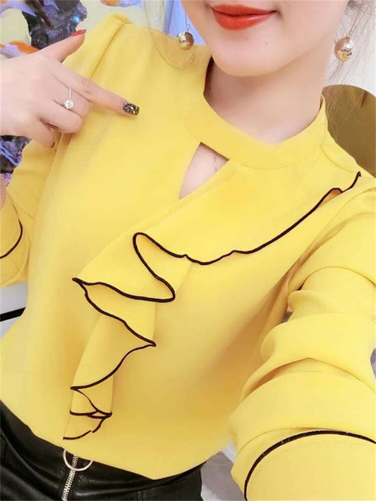 Womenpring Summer Style Chiffon Blouses Shirts Lady Casual Long Sleeve Ruffle
