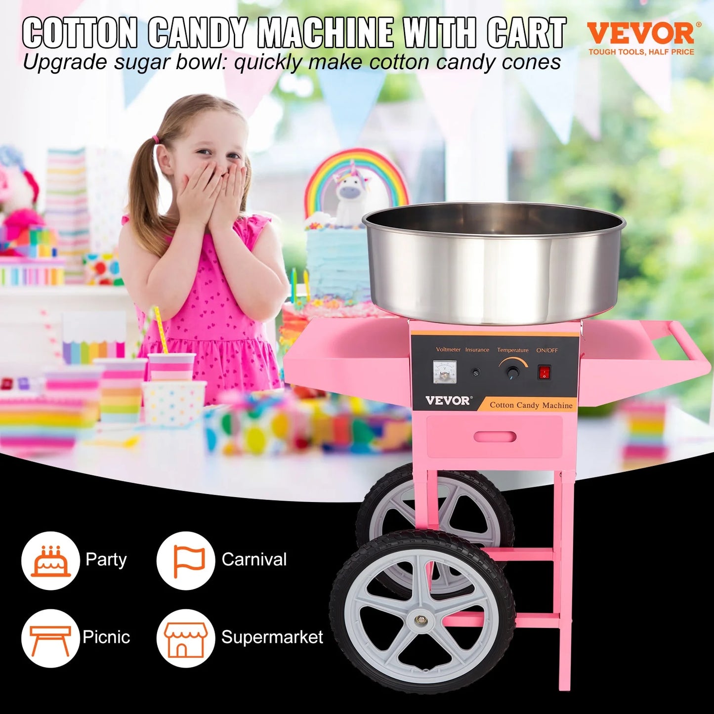 VEVOR Electric Cotton Candy Machine with Cart 1000W Commercial Floss Maker with image 6