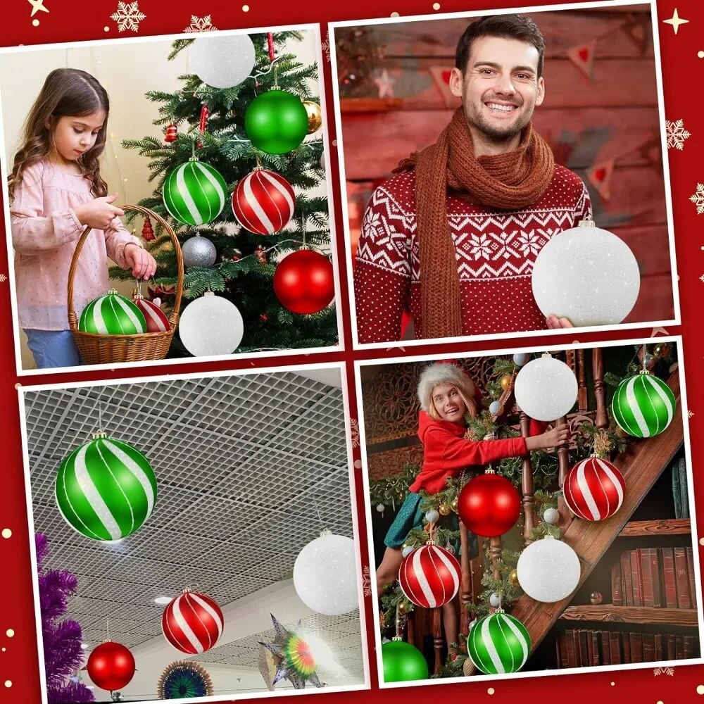 Set of 8 Large Christmas Ball Ornaments 6 " Glitter Hanging Christmas Plasti image 5