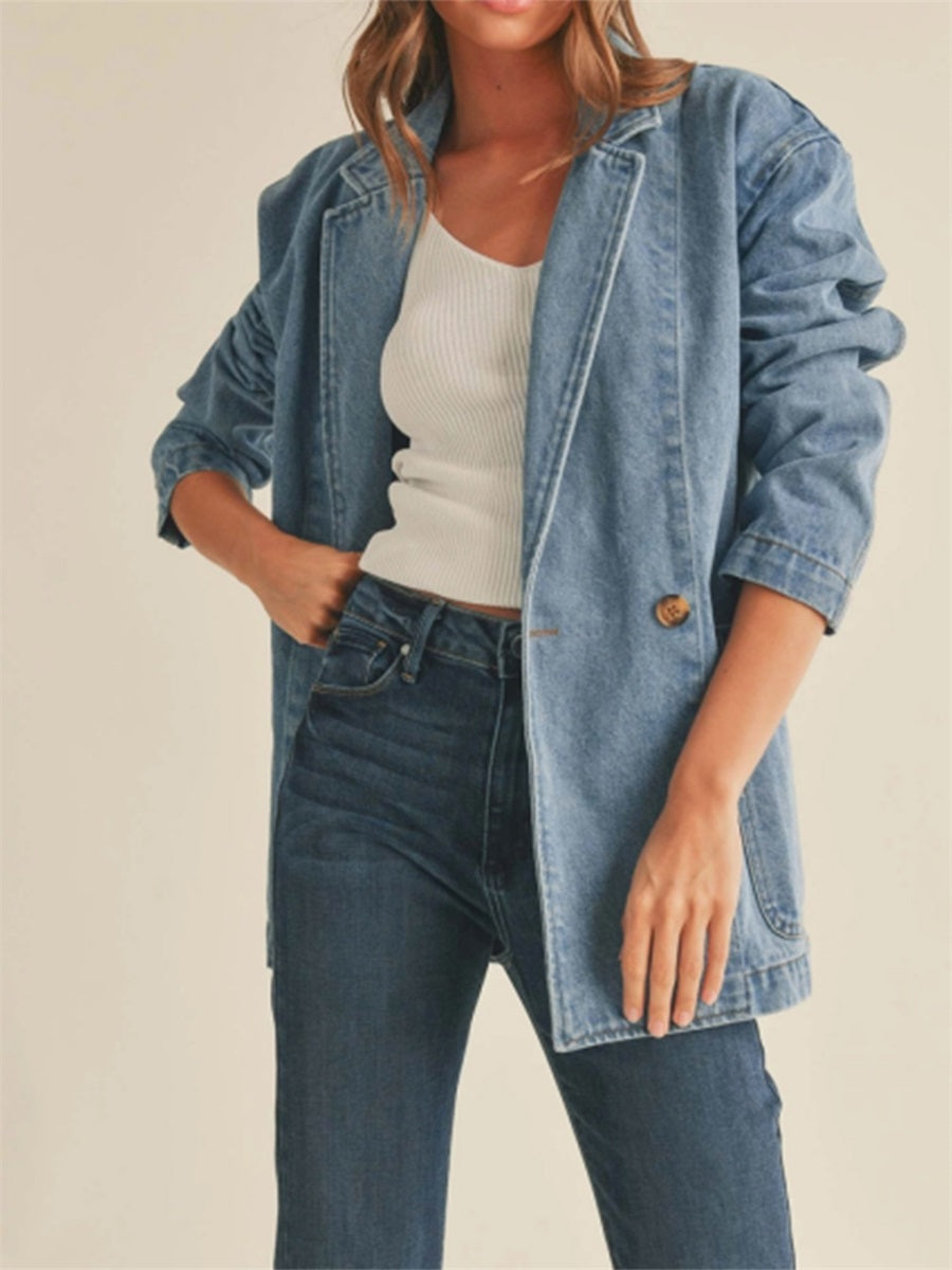 Women s Denim Blazer Stylish Long Sleeve Lapel Collar Button Closure Jacket wit image 5