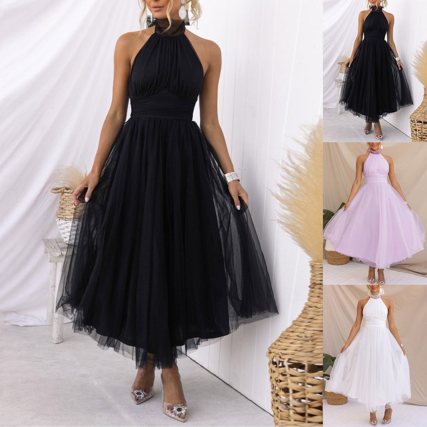 Halter Holiday Party Dress Women Off Shoulder Mesh Backless Pleated Dress