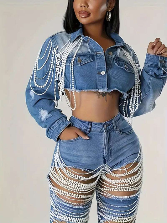 Women Embroidered Denim Jacket with Pearl Chains, Handmade Beaded Casual Jack