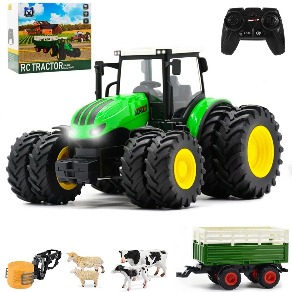 1/24 RC Tractor Trailer with LED Light,8In1 Farm Toys Set 2.4GHZ Remote Control