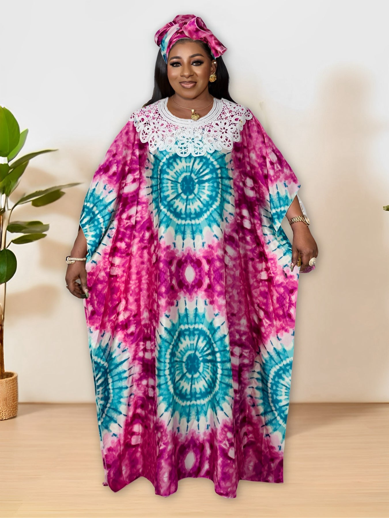 Plus Size Colorblock Tie Dye Pattern Kaftan Dress, Elegant Crew Neck Batwing Sl