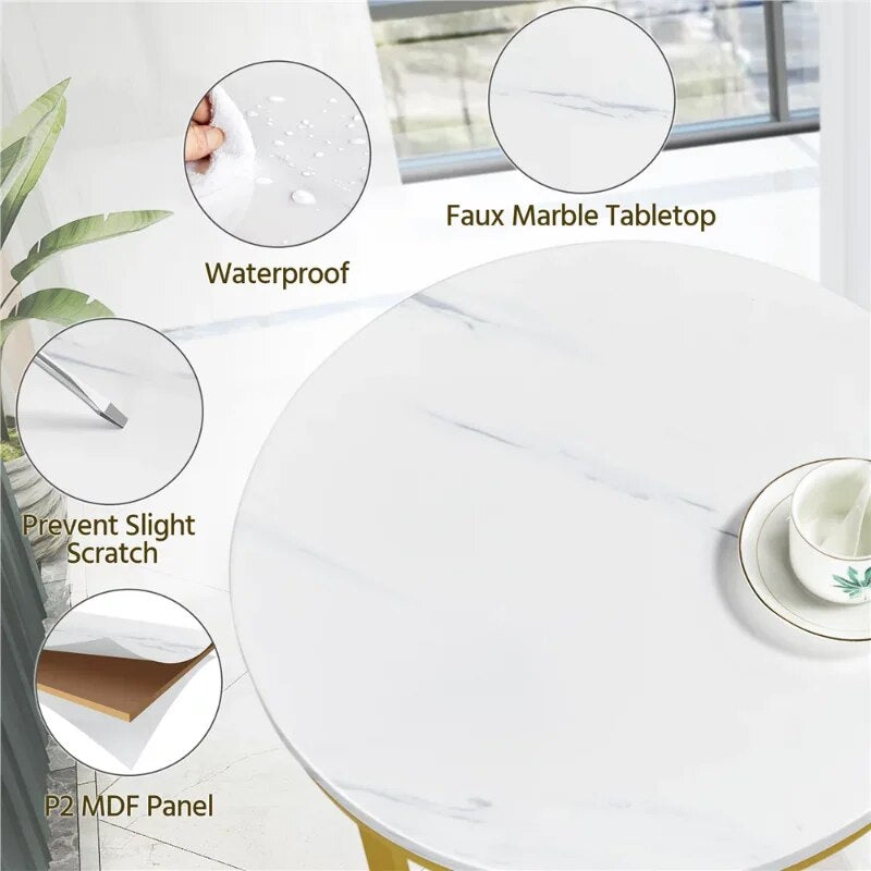 Wooden Top Round Faux Marble Side Table Sturdy Metal Legs Mustard Gold image 5