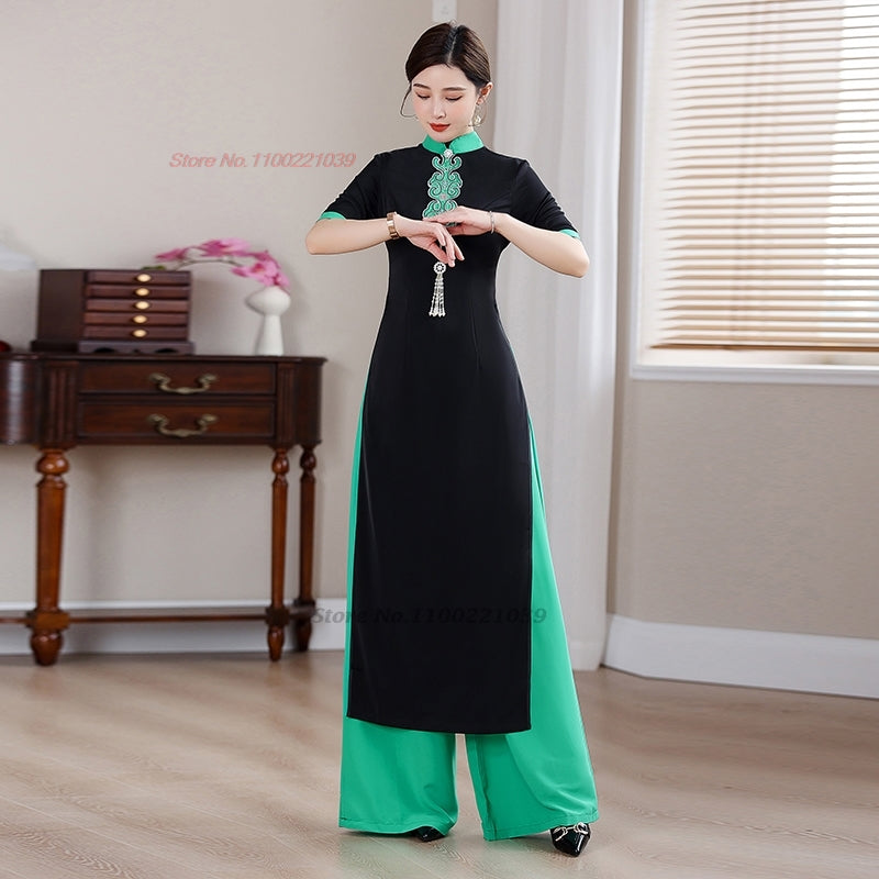 2024 traditional vietnam aodai dress+pants set flower embroidery dress ao dai v