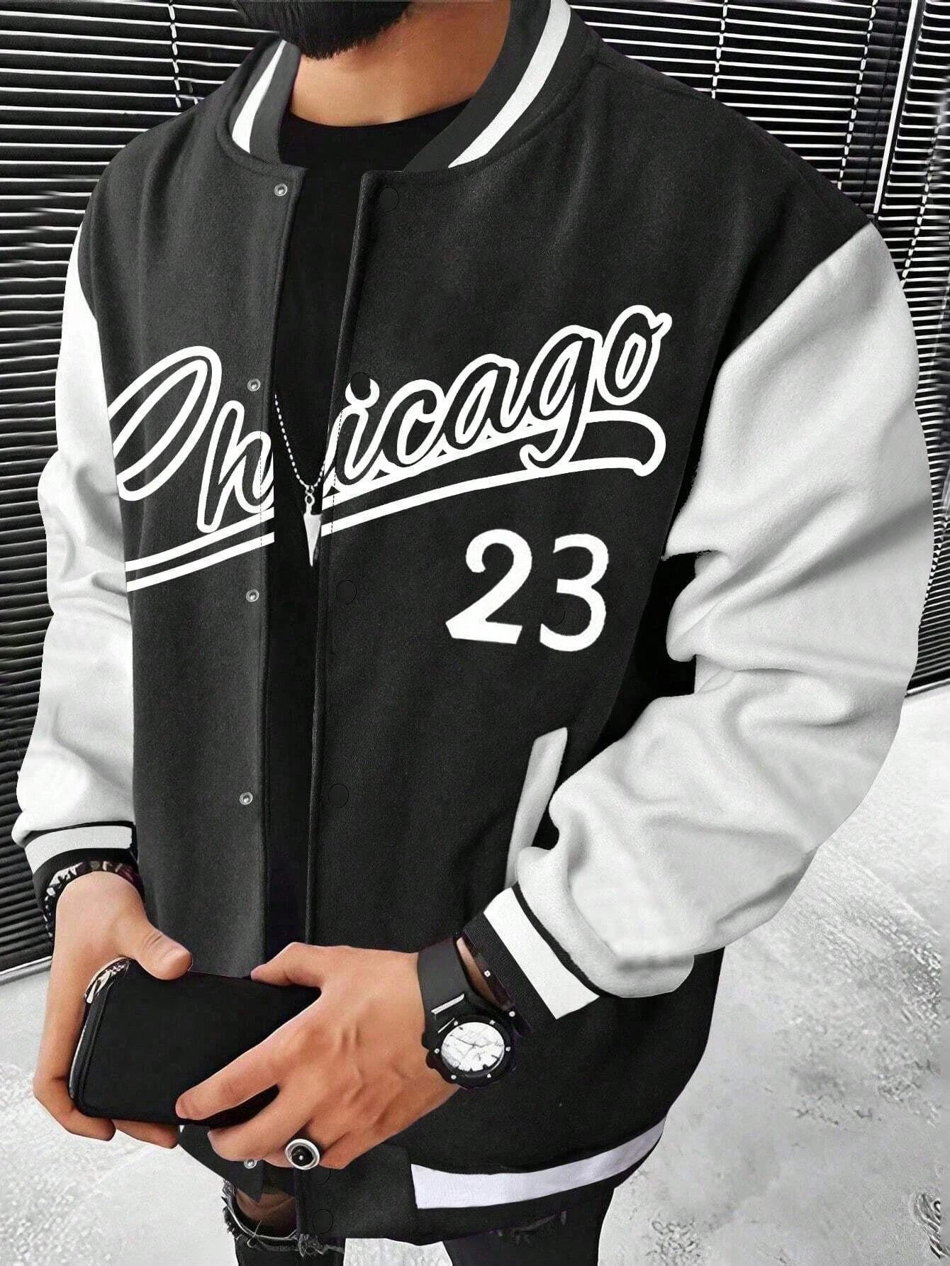 Manfinity Men's Letter Print Color-block Baseball Jacket motorcycle jacket stre