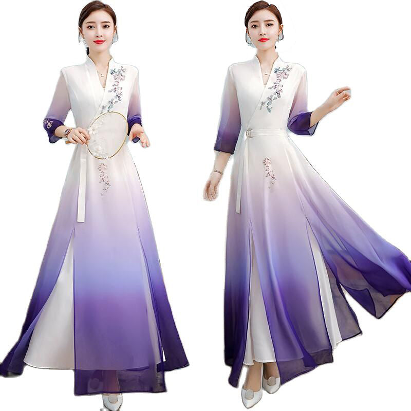 Aodai Floral Print Party Dress Oriental Women Chinese Style Cheongsam 3/4 Sleev