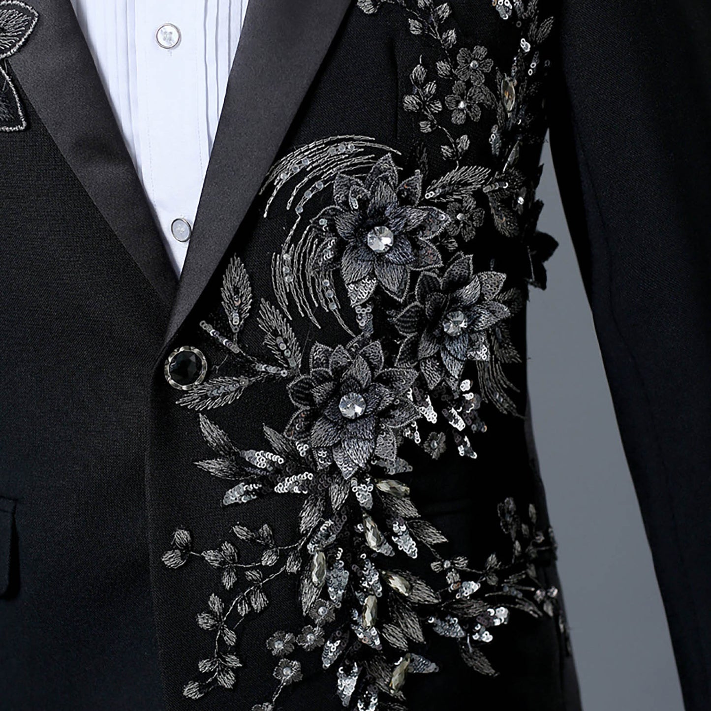 Floral Embroider Men's Suits Singer Nightclub Wedding Party Host One Button Sli image 8