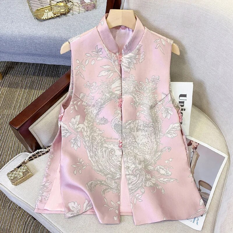 Elegant Women Vest Vintage New Chinese Style Tang Clothes Jacquard Qipao Improv