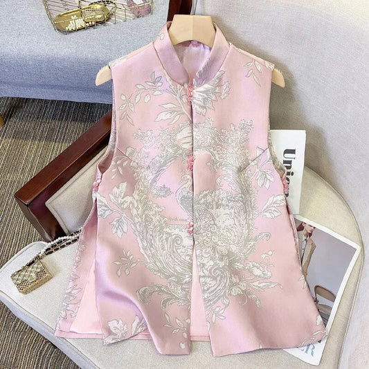 Elegant Women Vest Vintage New Chinese Style Tang Clothes Jacquard Qipao Improv