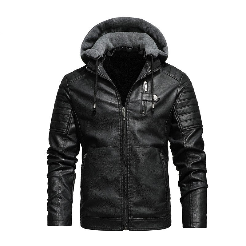 Winter PU Faux Leather Jacket Menolid Color Fleece Hoodie Motorcylce Jackets F