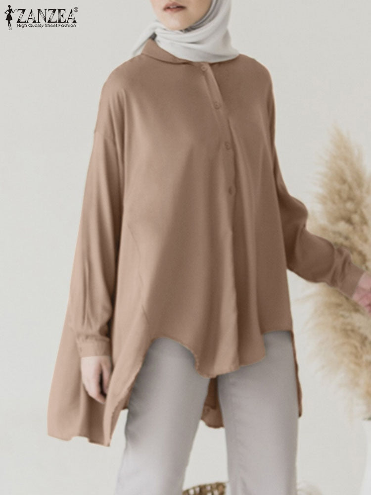 ZANZEA Stylish WoMenolid Asymmetrical Hem Shirt Casual Lapel Neck Long Sleeve