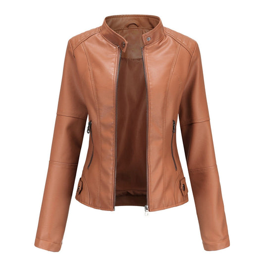 Women Leather Jacket Solid Colour Long Sleeve Coat Stand Up Collar Zip Slim