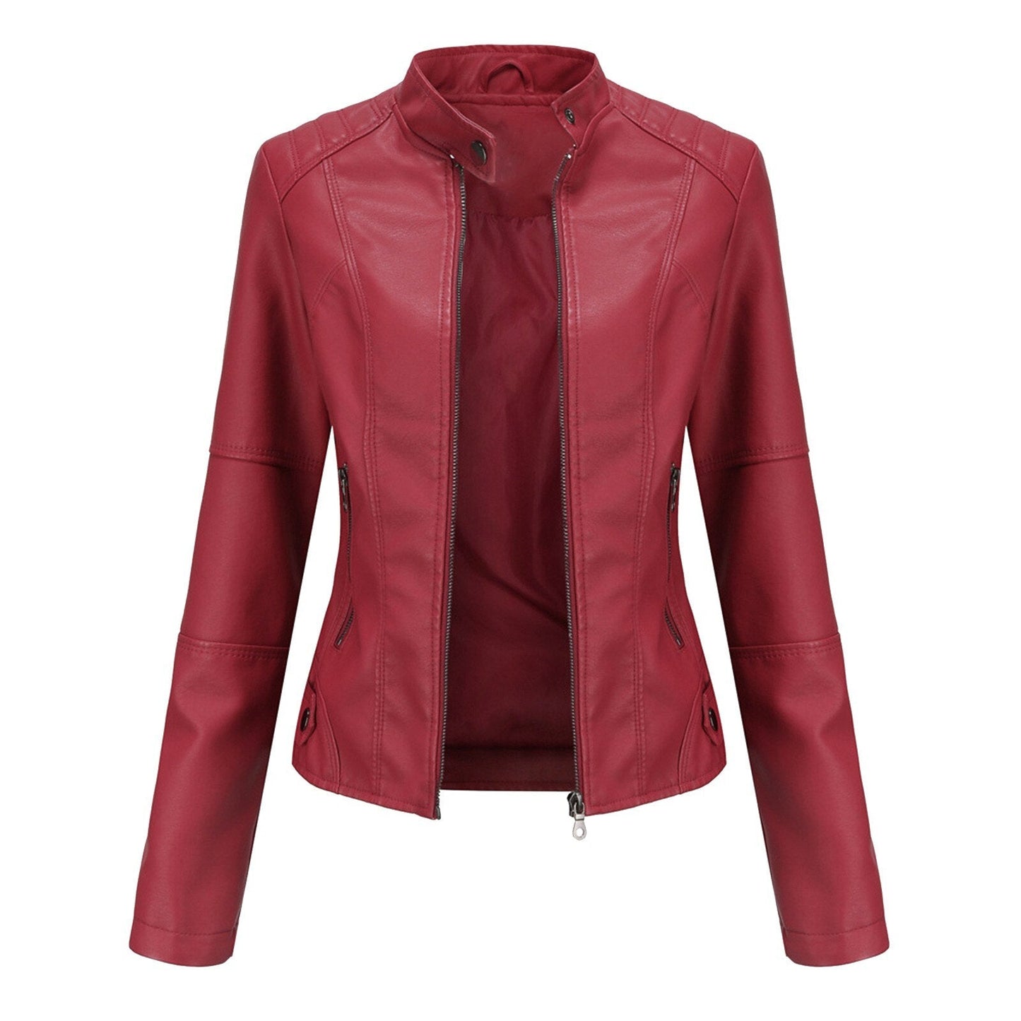 Women Leather Jacket Solid Colour Long Sleeve Coat Stand Up Collar Zip Slim