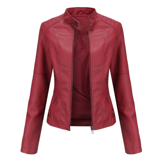 Women Leather Jacket Solid Colour Long Sleeve Coat Stand Up Collar Zip Slim