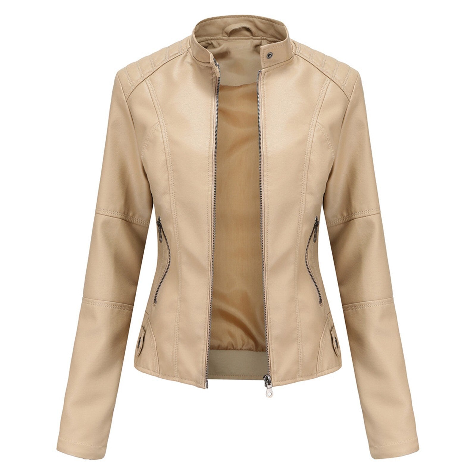 Women Leather Jacket Solid Colour Long Sleeve Coat Stand Up Collar Zip Slim