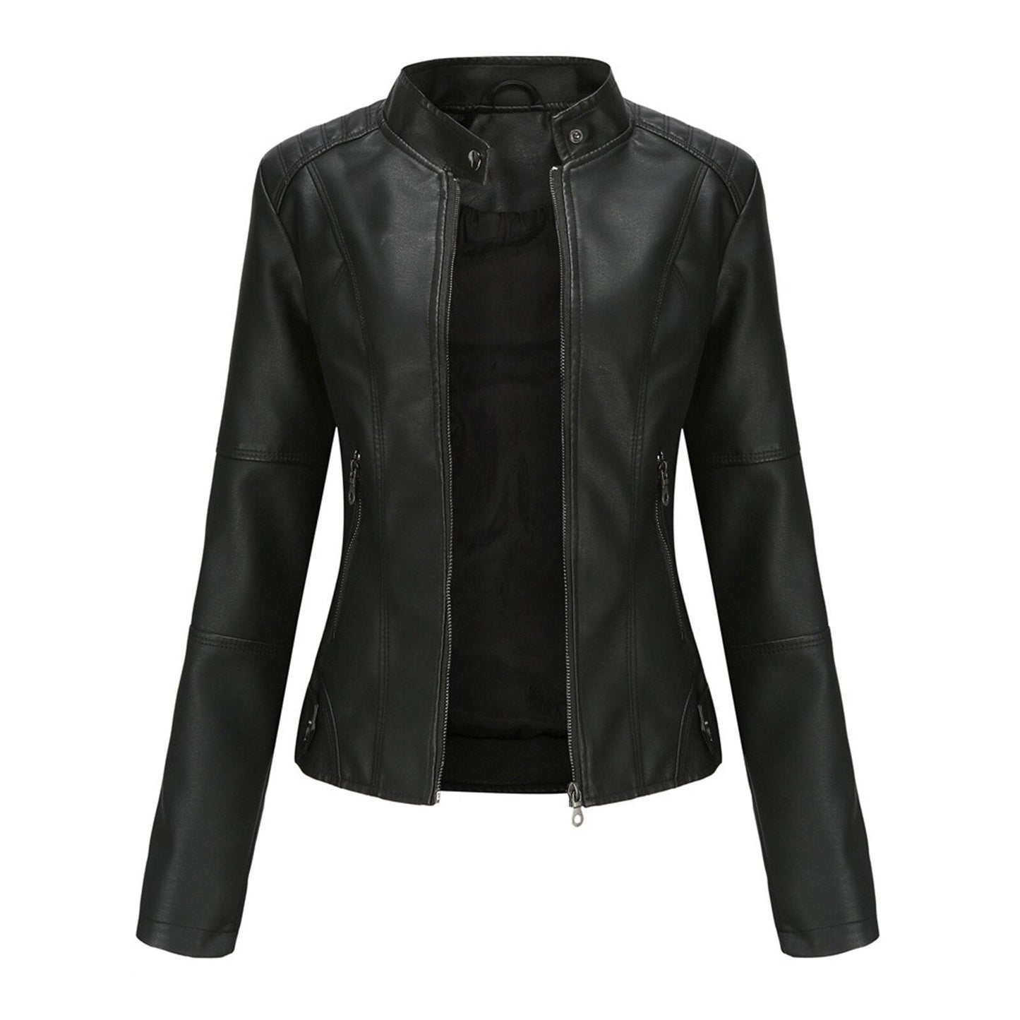 Women Leather Jacket Solid Colour Long Sleeve Coat Stand Up Collar Zip Slim