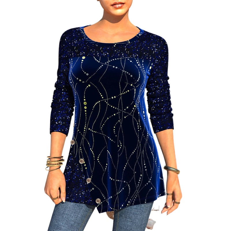 Women Plus Size Top Graphic Printed Sequins Patchwork Buttoned Long Sleeve Roun