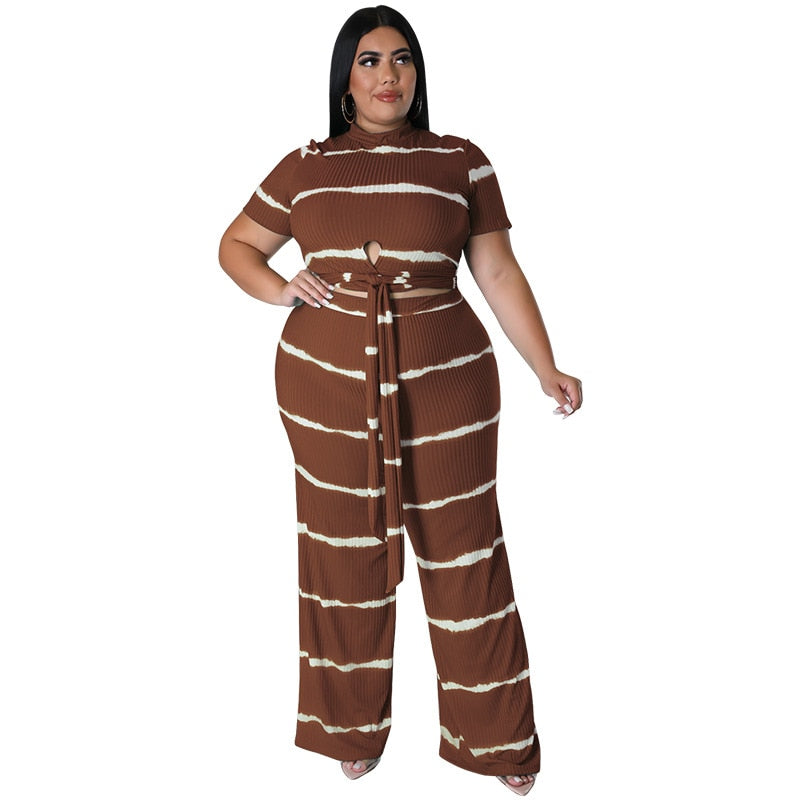 Perl Stripe Plus Size Two Piece Sets Short Loose Womenummer Outfits Casual Fe
