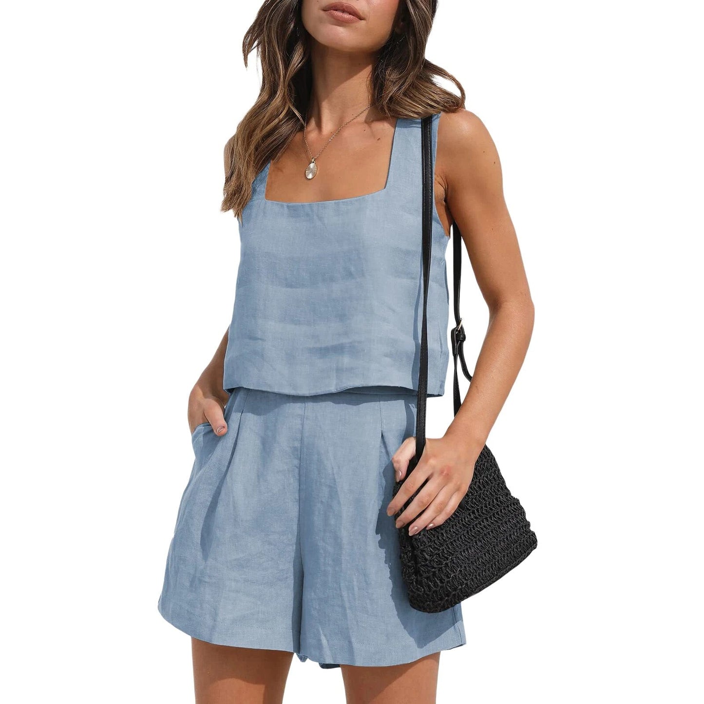 Women Vest + Casual Shorts 2PCS Outfit Sets Solid Color Sleeveless Sling Summ