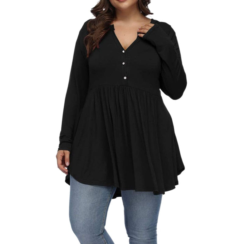 V Neck Buttoned Plus Size TShirt For Curvy Women'spring Autumn Full Sleeve Casu