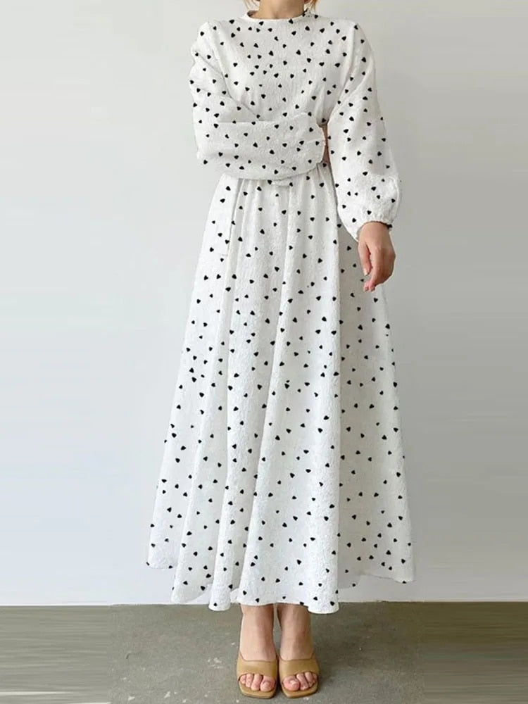 ZANZEA Casual Heart Print Midi Dresses Elegant Long Puff Sleeve Korean Style Wo