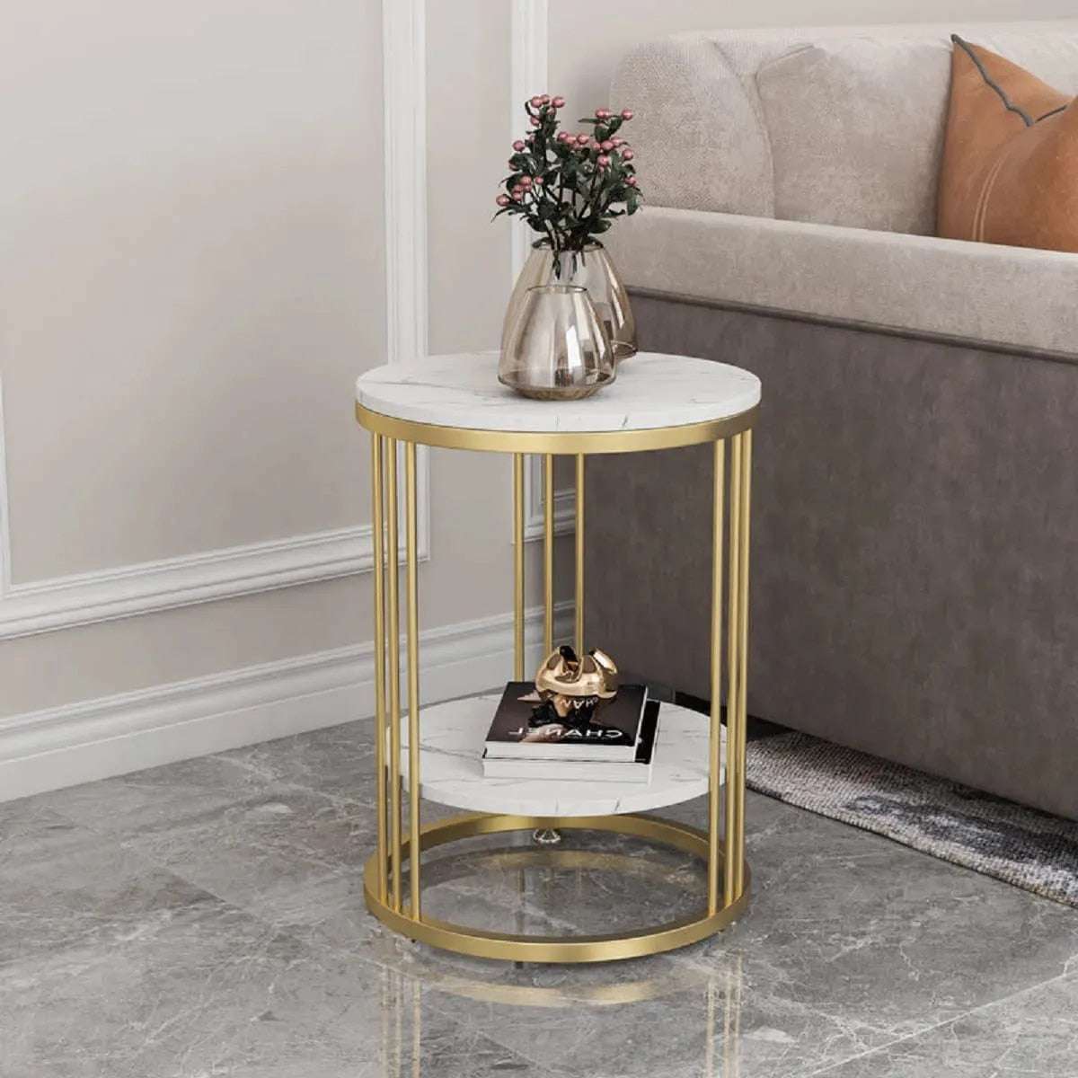 Round Marble Accent Table End 2 Tiers Storage Table G Metal Frame Nightstand