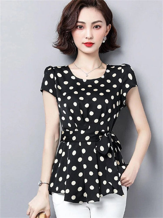 Women Casual Summer Style Chiffon Blouses Shirts Lady Short Sleeve O-Neck Polka