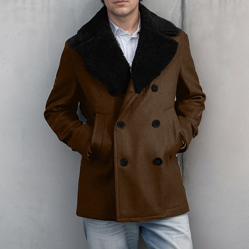 Men's Wool Pea Coat with Contrast Color Detail Double Breasted Design a