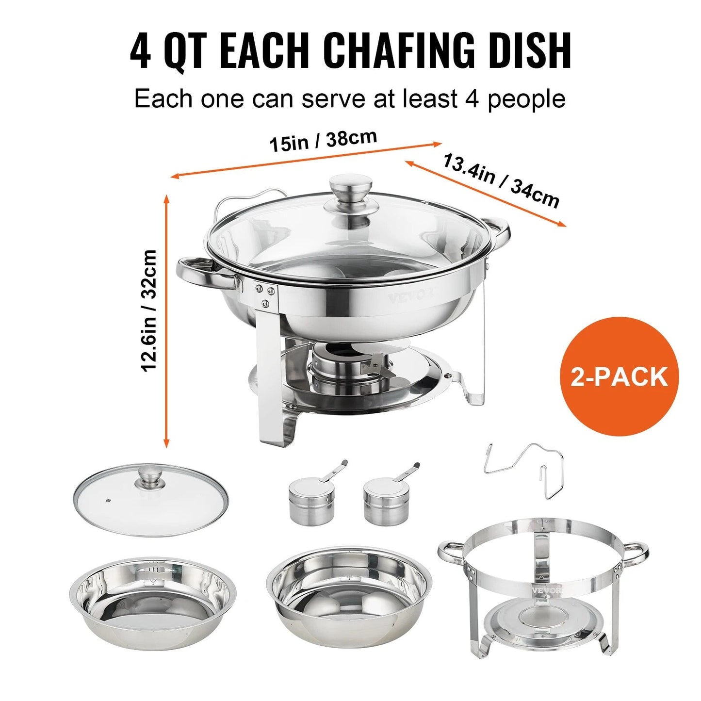 VEVOR 4QT 2-Pack Round Chafing Dish Set Stainless Steel Buffet Chafer with Full