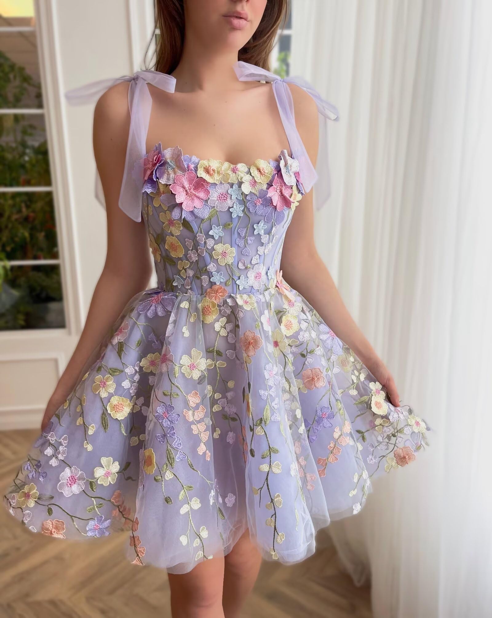 Spaghetti Straps 3D Flowers Mini Homecoming Dresses Lovely Tulle Square Collar