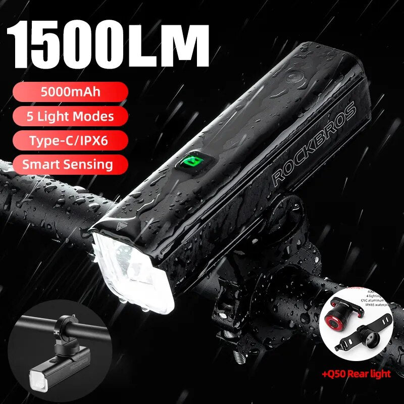 Bike Light 1500LM5000mAh Type-C Bicycle Light Temperature Control IPX
