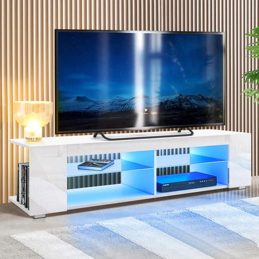 High Gloss Modern TV Stand Bookshelves With LED Light 4-Shelf Console Cabinet H