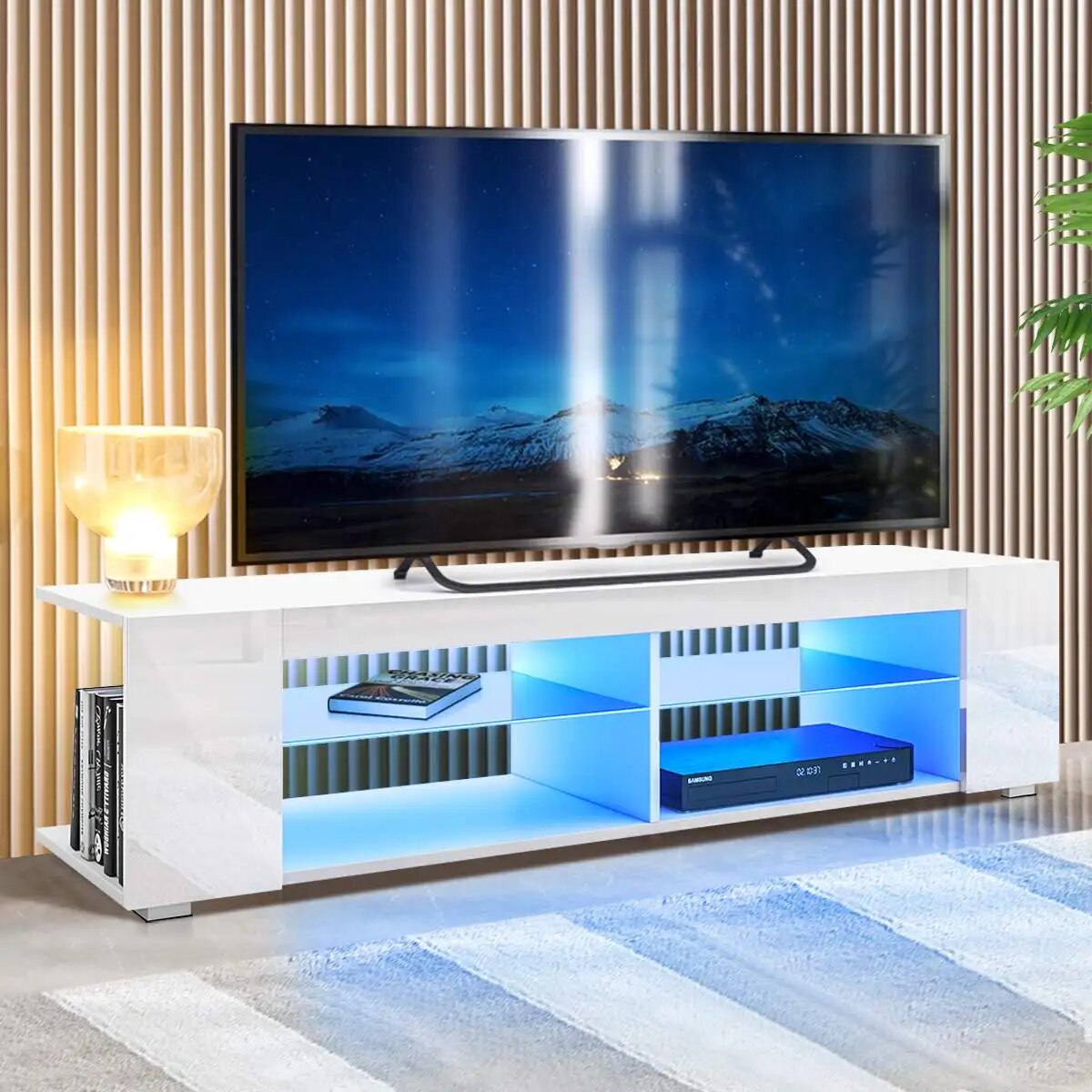 High Gloss Modern TV Stand Bookshelves With LED Light 4-Shelf Console Cabinet H