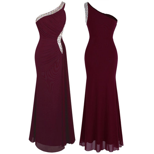 Angel-fashions Beading One Shoulder Silt Pleat Draped Evening Dress vestido image 0