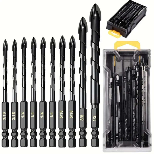 10 Pcs Masonry Concrete Drill Bit Set, for Tile, Brick, Glass, Plastic and Wood,