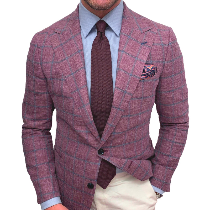 Men's Fit Blazer Classic Checkered Design Single Color Lapel Long Sleeve Butto