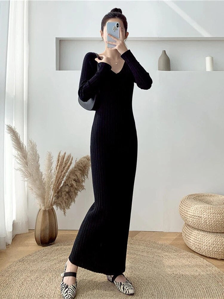 Zoki Elegant Solid Women Knitted Dress Simple Korean Slim Long Sleeve Ankle Len
